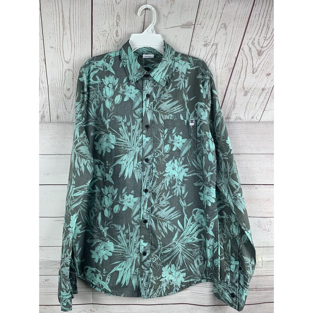 DG Trademark Aqua Green/Gray Men's small button up long sleeve shirt‎ tropical
